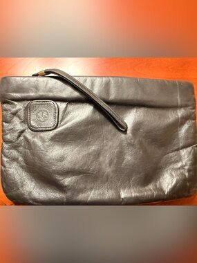 Black Leather Wristlet Clutch with Embossed Logo Patch